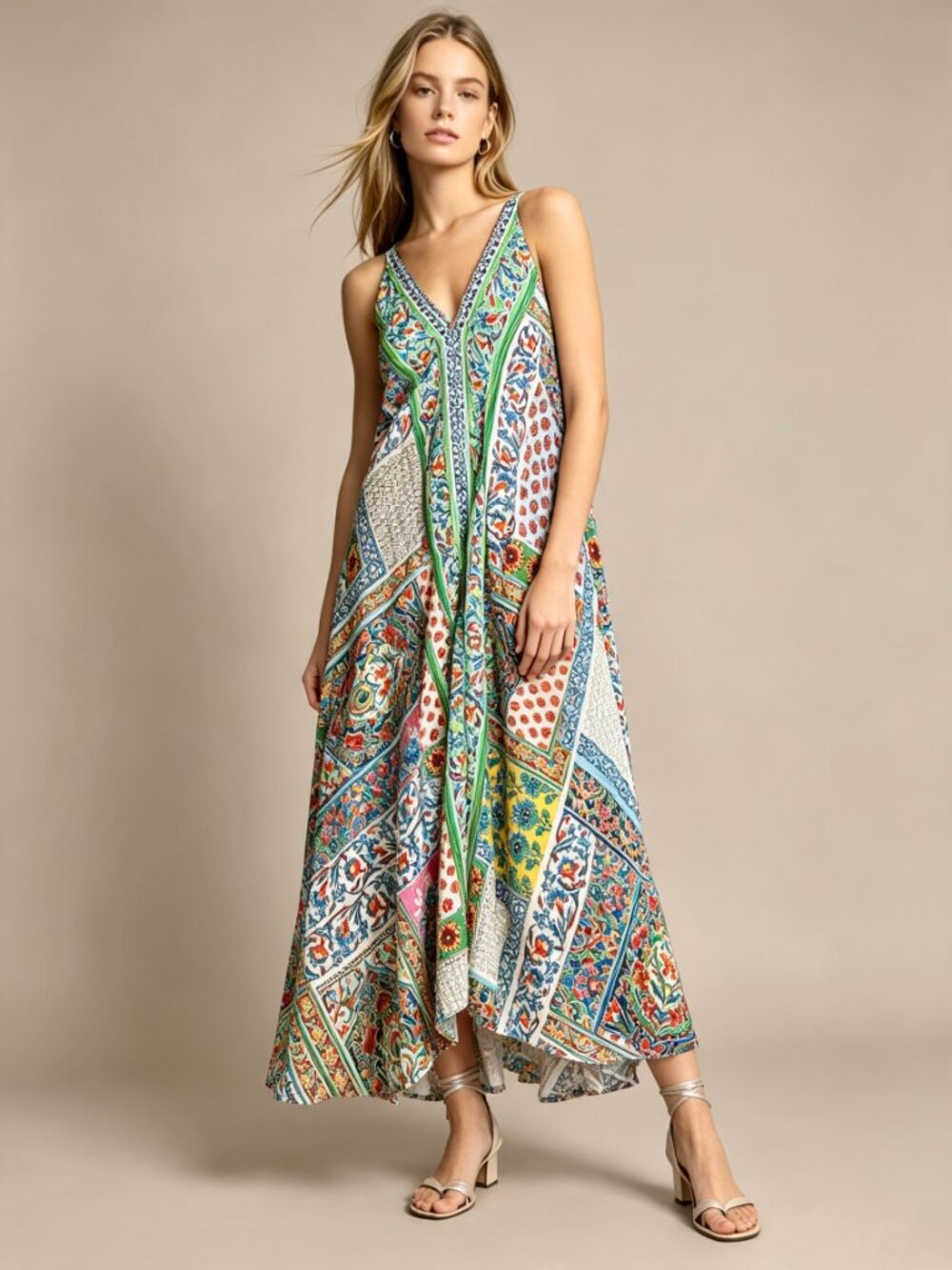 NWOT Johnny Was Diskana Eva Floral V-neck Sleeveless Maxi Dress Sz L Multicolor